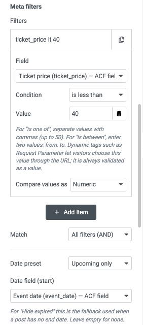 A meta filter “Ticket price is less than 40” with the Upcoming only date preset