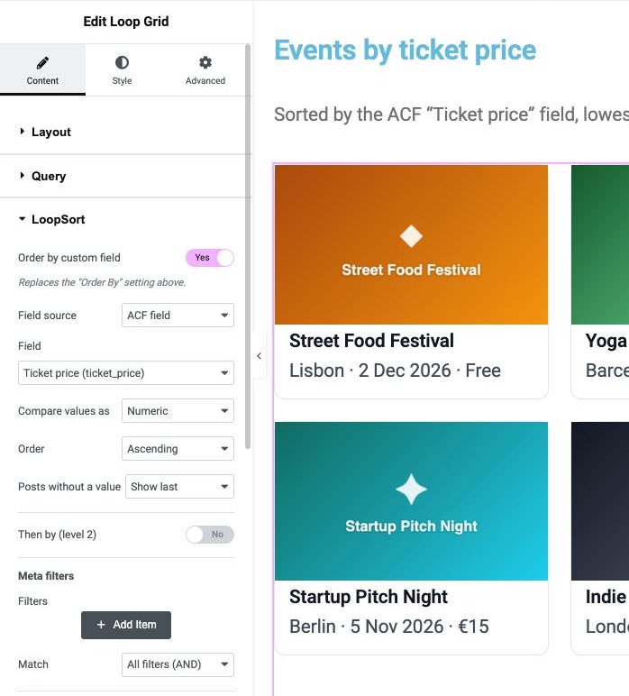 LoopSort settings inside the Elementor Loop Grid panel, sorting events by an ACF ticket price field