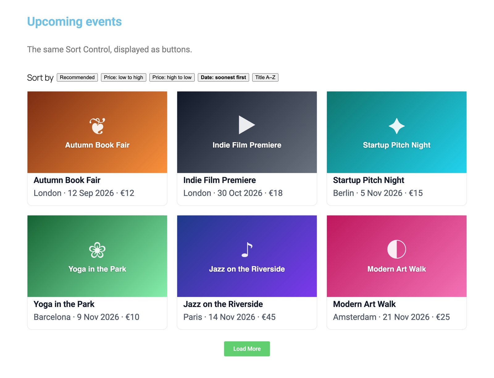 Sort buttons above an event grid sorted by date, soonest first