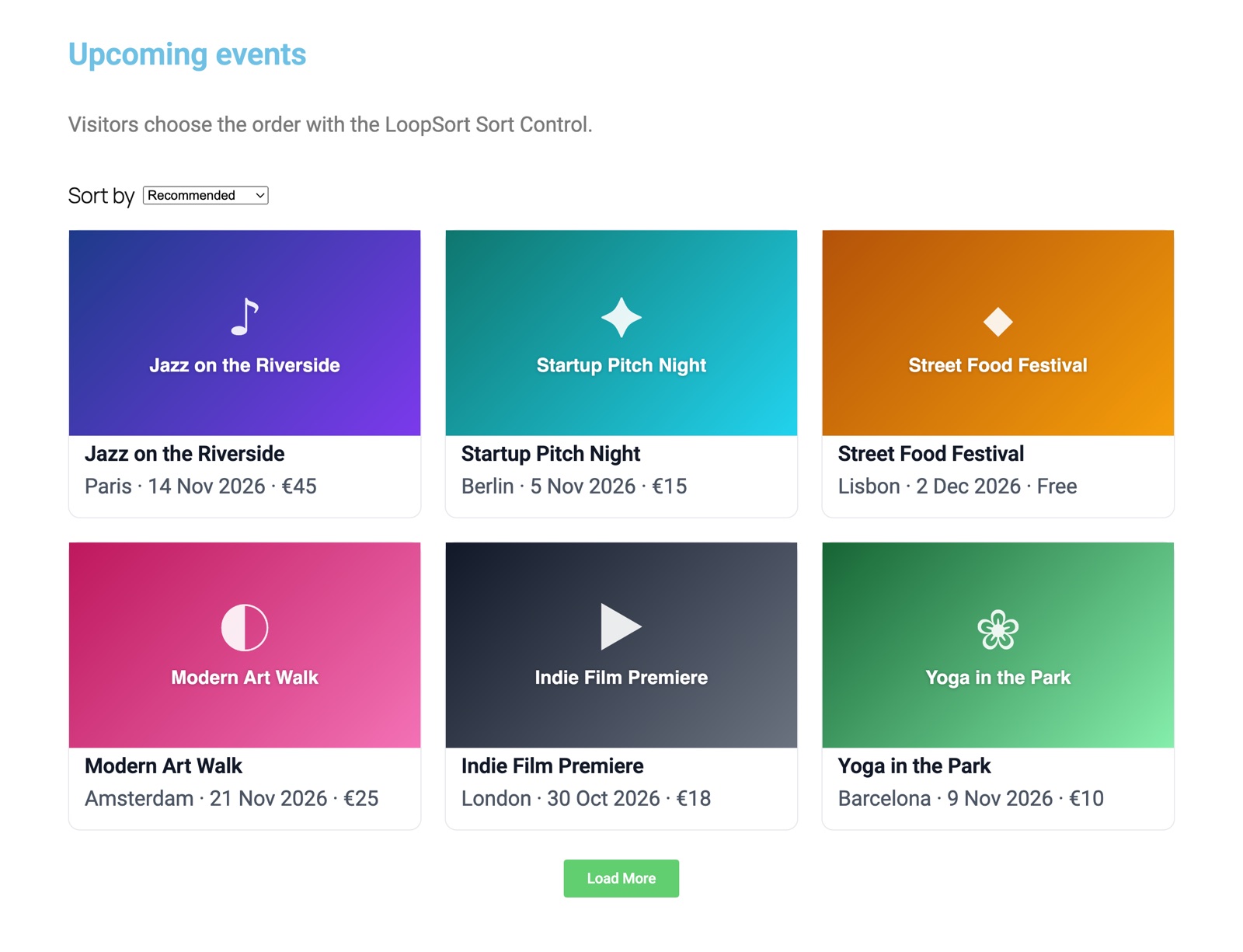 Event grid with a “Sort by” dropdown set to Price: high to low
