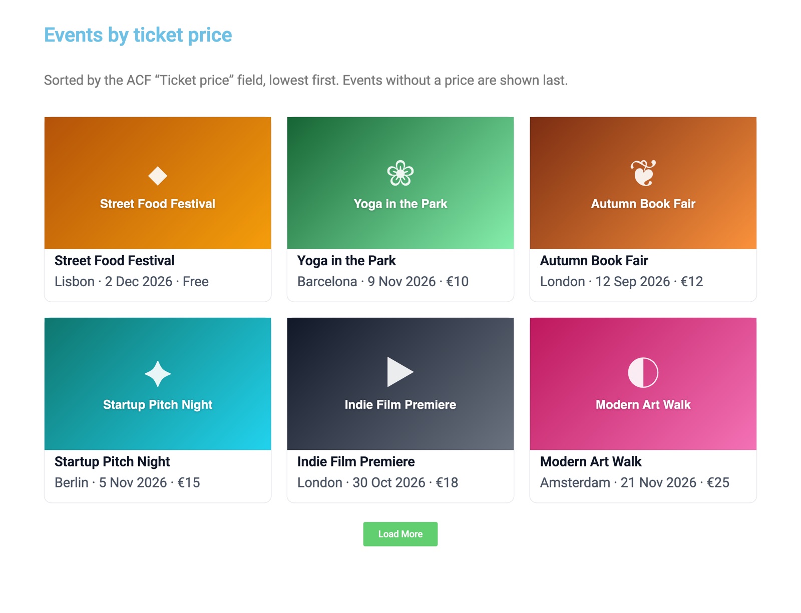 Loop Grid of events sorted by an ACF ticket price field, lowest first